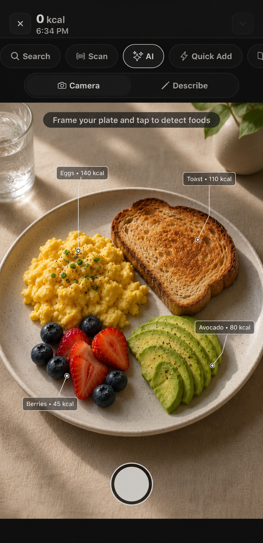 Nutoro AI photo meal scan detecting eggs, toast, avocado, and berries on a plate