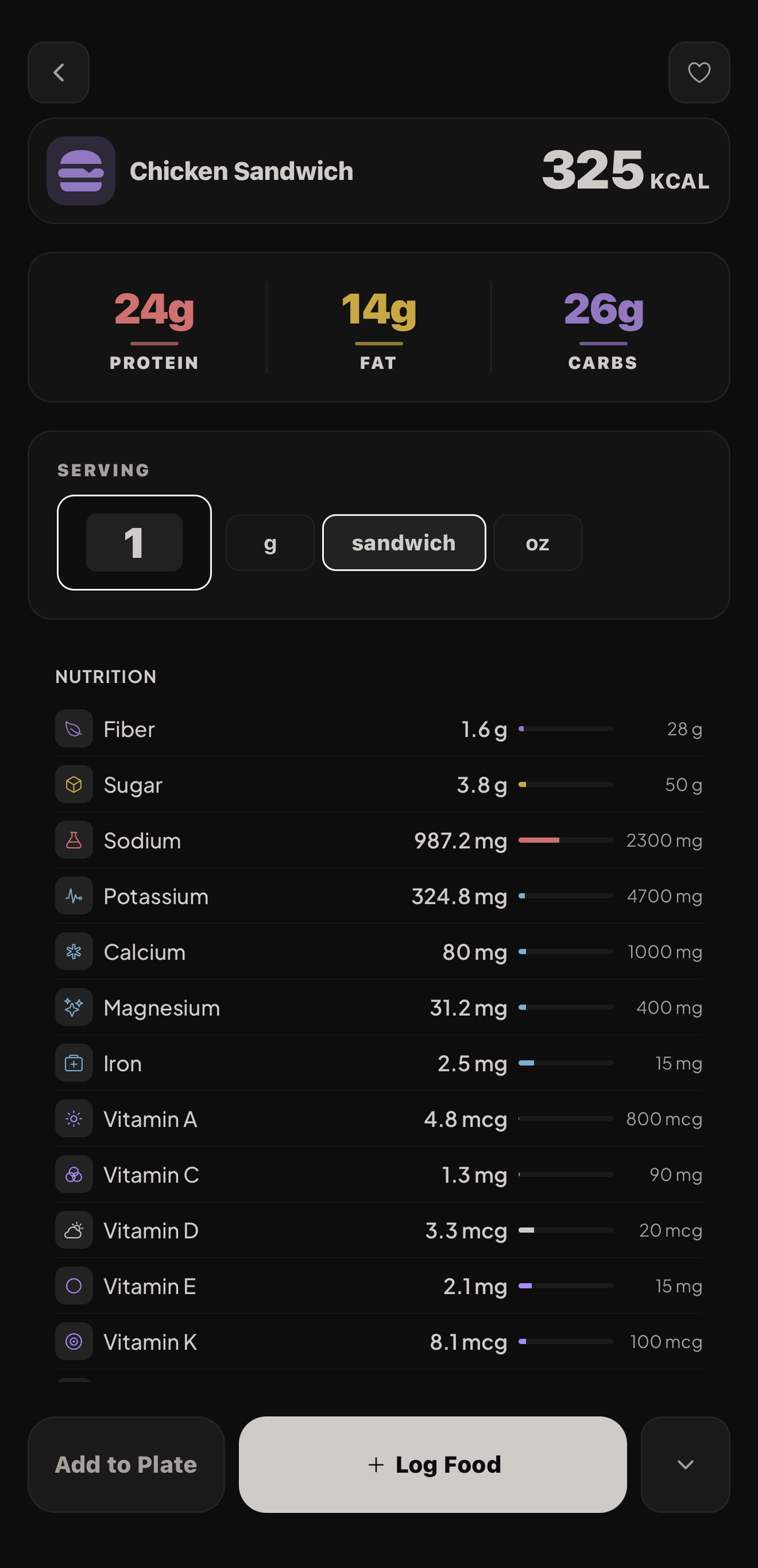 Nutoro food detail portion editor with live nutrient scaling