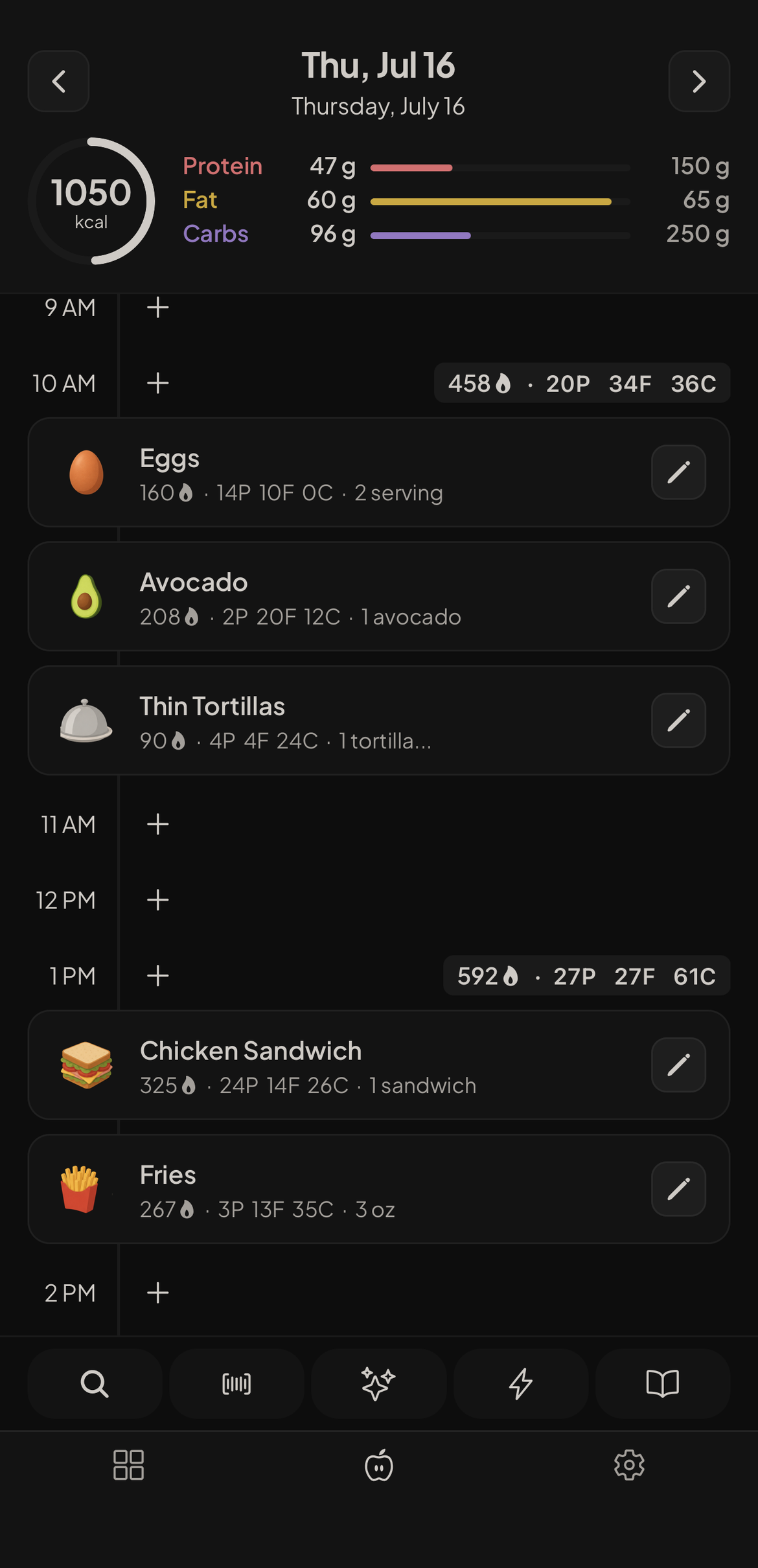 Nutoro food log timeline with daily calorie ring and macros